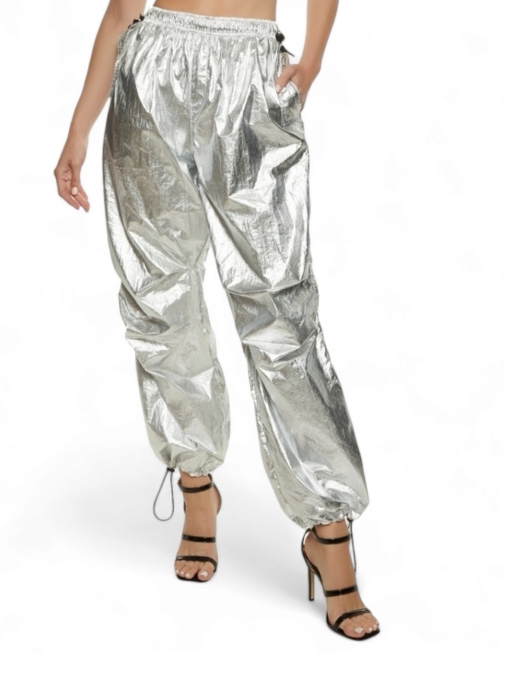 Vinyl Icons Metallic Silver Jogger Pants - Women's Shiny Pants